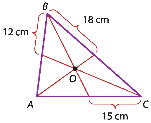 Ilustração. Triângulo A B C. No centro, ponto O. De cada vértice parte 1 segmento que passa pelo ponto O e vai até o lado oposto do triângulo. Do ponto B até o ponto intersectado no segmento B A, medida de 12 centímetros. Do ponto B até o ponto intersectado no segmento B C, medida de 18 centímetros. Do ponto C até o ponto intersectado no segmento C A, medida de 15 centímetros.
