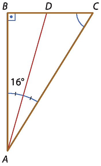 Ilustração. Triângulo A B C. Entre B e C, D. Segmento A D divide ângulo A em dois de mesma medida que é 16 graus. Em B, ângulo reto. Em C, marcação de ângulo.