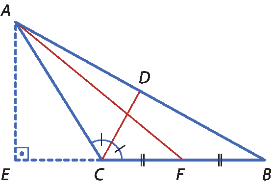 Ilustração. Triângulo A B C. Entre A e B, ponto D. Entre C e B, ponto F. Segmento C D divide ângulo C em dois de mesma medida. Segmento C F de mesma medida que segmento FB. Ponto E no prolongamento do lado C B. Segmento A E faz 90 graus com o segmento E B.