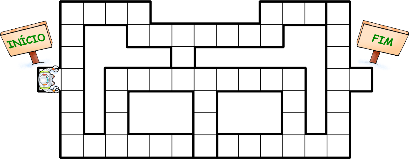 Ilustração. Labirinto composto por quadradinhos. À esquerda, placa escrita Início. À direita, placa escrita FIM.
