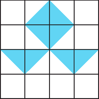 Ilustração. Malha quadriculada de 4 linhas e 4 colunas. 8 quadrados estão preenchidos pela metade formando um quadrado azul em cima de dois triângulos azuis. Uma reta vermelha divide a malha ao meio.