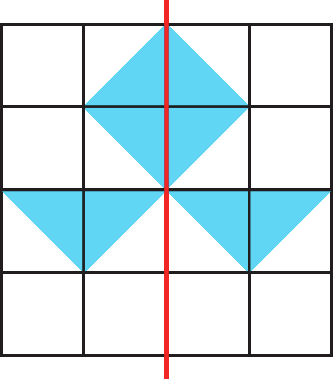 Ilustração.  Malha quadriculada de 4 linhas e 4 colunas. 
8 quadrados estão preenchidos pela metade.  Um reta vermelha divide a malha ao meio.