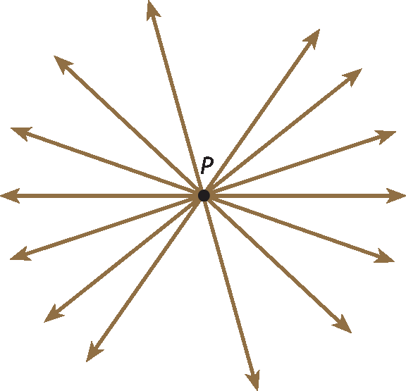 Ilustração. Sete retas diagonais que se cruzam no centro, ponto P.