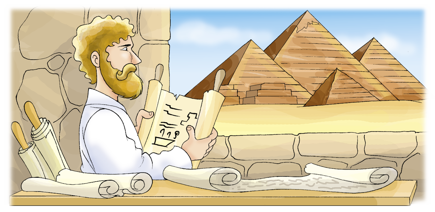 Ilustração. À esquerda, homem de cabelo claro e barba segura um papiro aberto com informações. Ao lado, papéis sobre uma mesa. Ao fundo, pirâmides.