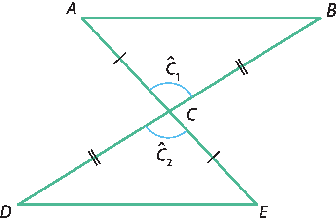 Ilustração. Triângulo ABC, unido pelo vértice C com outro triângulo CDE. Em C, ângulos C1 e C2.