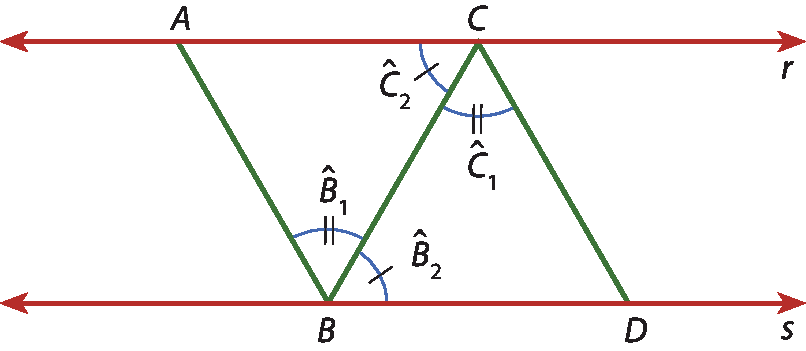 Ilustração. Duas retas horizontais paralelas, r e s. 
Na reta r, A e C. Na reta s, B e D. Entre as retas, segmentos de reta AB, BC e CD formam triângulos. 
Em B, ângulo B1 e B2. Em C, ângulo C1 e C2.