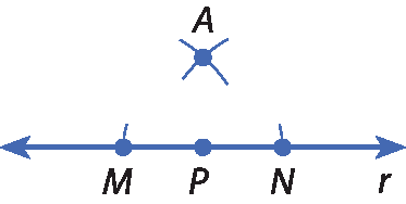 Ilustração. Reta r com pontos M e N. Entre eles, ponto P. Acima, ponto A determinado pelos arcos descritos no texto.