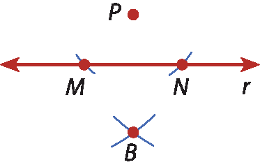 Ilustração. Reta r com pontos M e N. Acima, ponto P. Abaixo, ponto B determinado pelos arcos descritos no texto.
