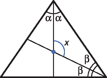 Ilustração. Triângulo com segmento de reta diagonal do canto inferior direito para centro do lado esquerdo, dividindo o ângulo inferior direito em beta e beta. Segmento de reta vertical do topo até a base dividindo o ângulo superior em alfa e alfa.