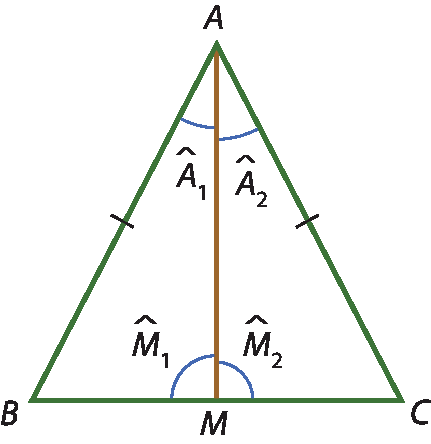 Ilustração. Triângulo isósceles ABC. Entre B e C, ponto M. Segmento de reta de A até  M, dividindo o ângulo A em A1 e A2 e o ângulo M em M1 e M2.