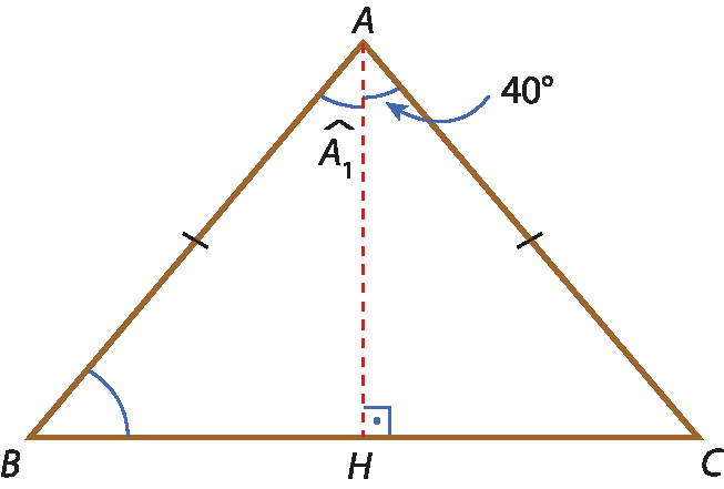 Ilustração. Triângulo isósceles ABC. Entre B e C, ponto H. Segmento de reta tracejado de A até ponto H, dividindo o ângulo A em A1 e 40 graus.