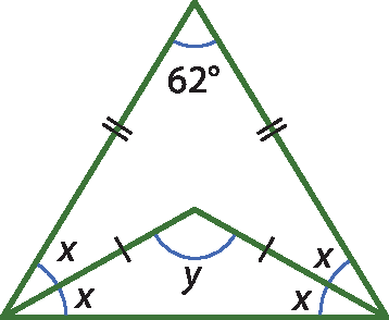 Ilustração. Triângulo com ângulo 62 graus. Segmentos de reta do canto inferior esquerdo e direito até o centro, formando ângulo y. Ângulos x e x à esquerda e x e x à direita.