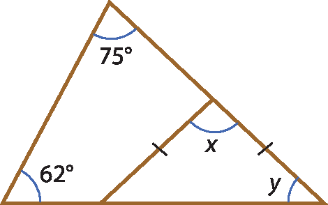 Ilustração. Triângulo com ângulo 62 graus à esquerda e 75 graus acima. Segmento de reta do lado inferior até lado direito, forma um triângulo menor com ângulo x acima e y à direita.
