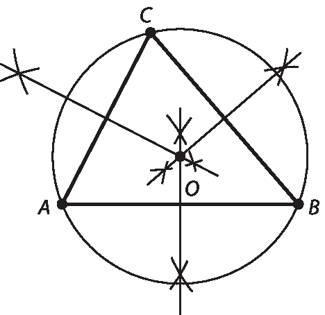 Ilustração. Circunferência com triângulo ABC dentro. Há uma reta em cada lado. As retas cruzam no centro do triângulo.