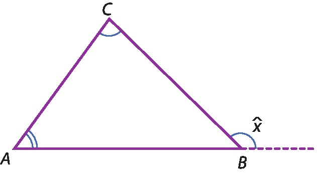 Ilustração. Triângulo ABC. Em B, ângulo externo x.