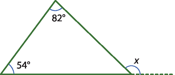 Ilustração. Triângulo com ângulos internos: 82 graus e 54 graus. Ângulo externo: x.