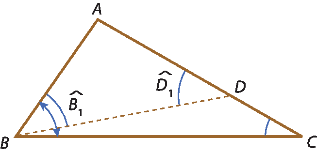Ilustração. Triângulo ABC. Entre A e C, ponto D. De B, sai segmento de reta tracejado até D. O ângulo do segmento tracejado com o lado A B é chamado de ângulo B1, e o ângulo entre o segmento tracejado e o lado A D, é chamado de ângulo D1.