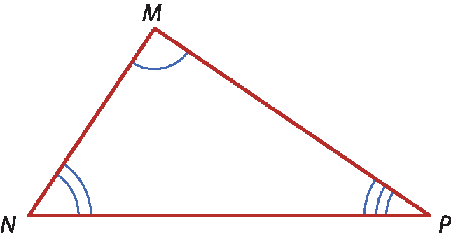 Ilustração. Triângulo MNP com ângulos diferentes em destaque.