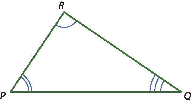 Ilustração. Triângulo PQR com ângulos diferentes em destaque.