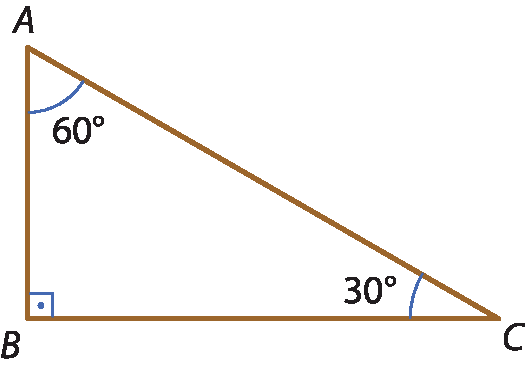 Ilustração. Triângulo ABC com ângulo 30 graus no vértice C e 60 graus no vértice  A. Ângulo reto no vértice B.