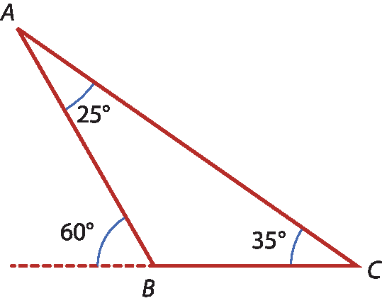 Ilustração. Triângulo ABC com ângulo 35 graus no vértice C e 25 graus no vértice A. Ângulo externo em B: 60 graus.