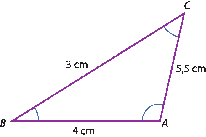 Ilustração. Triângulo ABC com medidas: AB: 4 centímetros, AC: 5 vírgula 5 centímetros e BC: 3 centímetros.