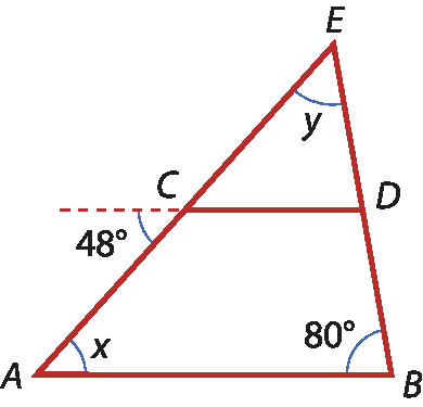 Ilustração. Triângulo ABE. Entre A e E, C. Entre E e B, D. Uma reta liga C e D. Em E, ângulo y. Em C, ângulo externo 48 graus. Em A, ângulo x e em B, 80 graus.