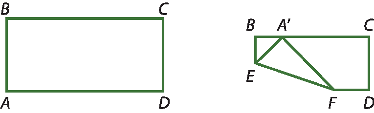 Ilustração. Retângulo ABCD. Ao lado, retângulo ABCD com lado A dobrado para cima, ponto A linha e E na lateral da dobra.