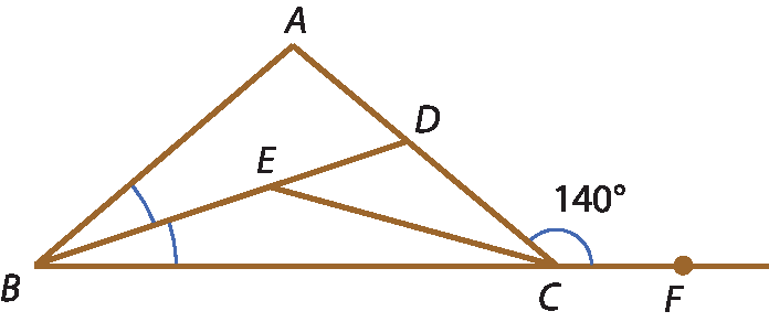 Ilustração. Triângulo ABC. À direita do triângulo, ponto F. Bissetriz de B determinando o ponto D no lado AC. Bissetriz de C determinando o ponto E em BD. Ângulo externo de 140 graus em C.