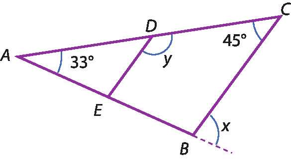 Ilustração. Triângulo ABC. Em A, ângulo 33 graus. C: 45 graus. B: ângulo externo x. Reta do lado AB até lado AC, ponto D e E com ângulo y em D.