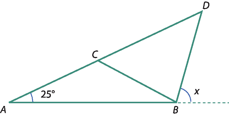 Ilustração. Triângulo ABC. com ângulo 25 graus em A e triângulo BCD com ângulo externo x em B.