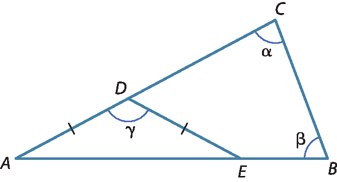 Ilustração. Triângulo ADE com ângulo y em D. Ao lado, quadrilátero BCDE com ângulo alfa em C e beta em B.