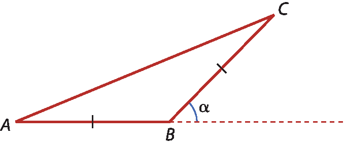 Ilustração. Triângulo ABC com ângulo externo alfa em B.