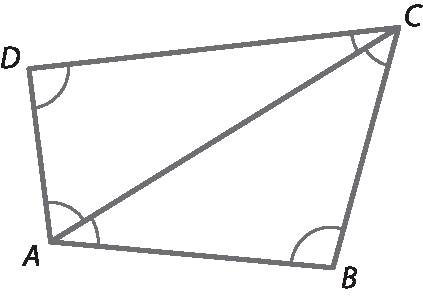 Ilustração. Quadrilátero ABCD qualquer.  Destaque para a diagonal de A até C e para os ângulos internos dos dois triângulos que compõe o quadrilátero.