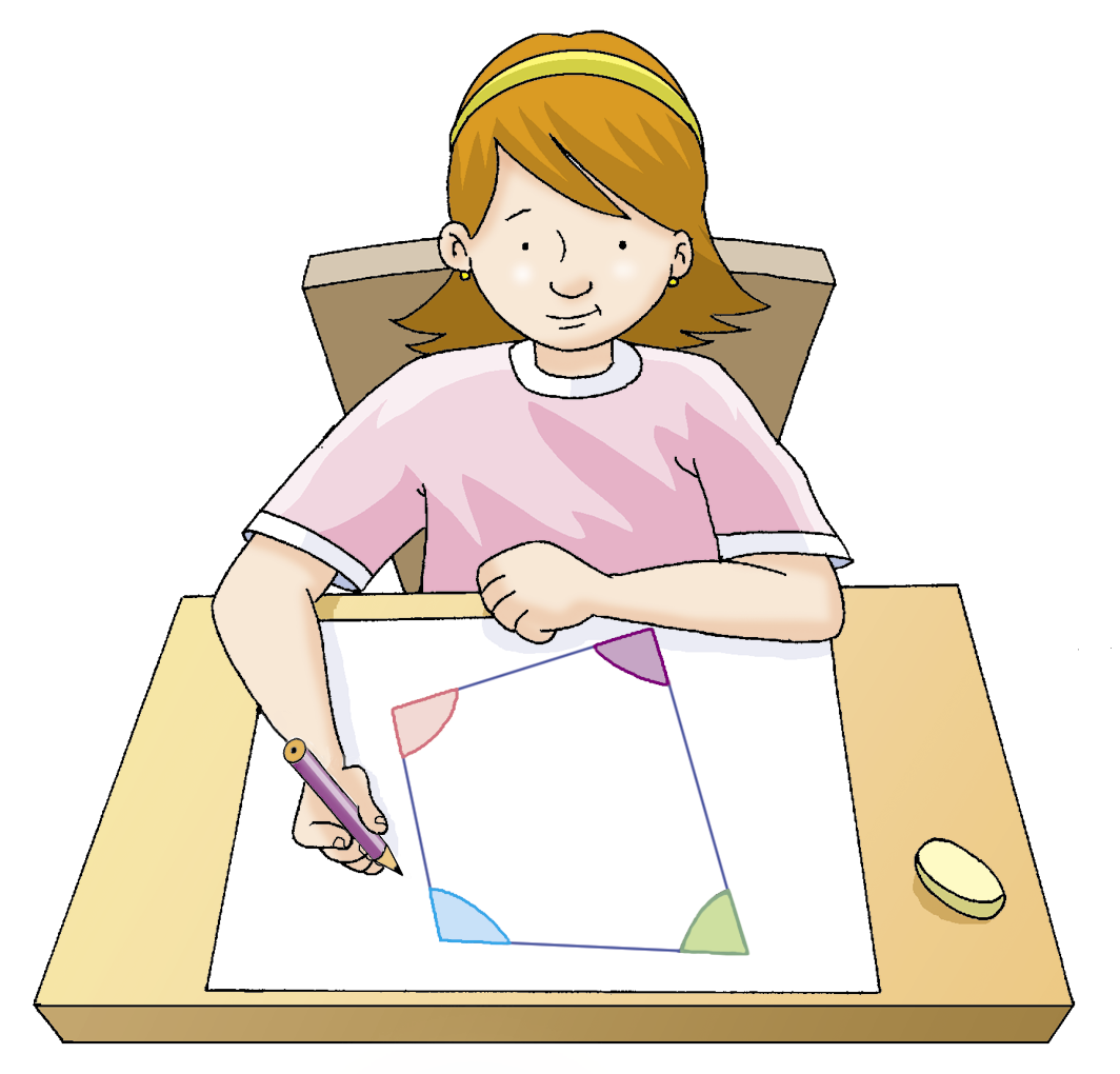 Ilustração. Vista de cima de uma menina de cabelo ruivo, tiara amarela e camiseta rosa sentada de frente para uma mesa, desenhando em uma folha branca um trapézio com ângulos internos destacados em 4 cores diferentes.