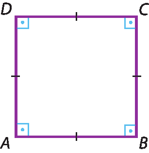 Ilustração. Quadrado ABCD.  Quadrilátero com quatro ângulos retos e quatro lados de mesma medida de comprimento.