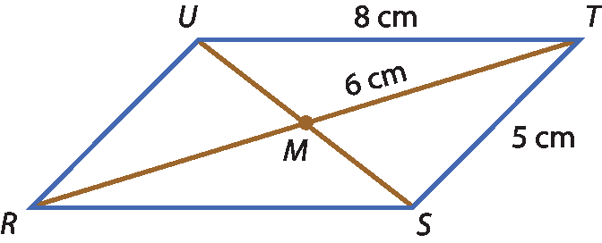 Ilustração. Paralelogramo RSTU. Diagonal SU e diagonal RT se cruzam no centro, no ponto M. Segmento de reta MT mede 6 centímetros. Segmento de reta TS mede 5 centímetros. Segmento de reta TU mede 8 centímetros.
