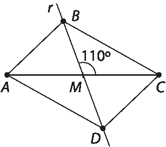 Ilustração. Paralelogramo ABCD com reta r passando pela diagonal BD, que cruz com a diagonal AC no ponto M. O ângulo BMC tem medida de 110 graus.
