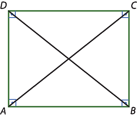 Ilustração. Retângulo ABCD com as diagonais AC e BD destacadas.