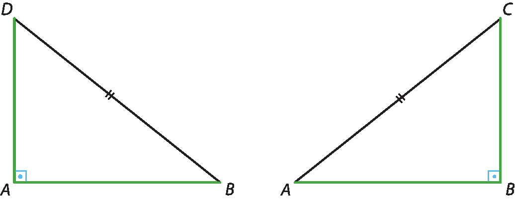 Ilustração. Triângulo ABD, com ângulo reto no vértice A. Ao lado, triângulo BAC, com ângulo reto no vértice B. Há uma indicação de dois tracinhos nos lados BD e AC em ambos os triângulos.