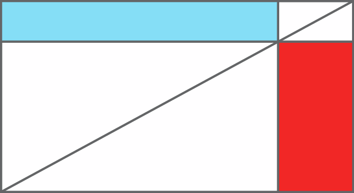 Ilustração. Painel retangular nas cores branco, azul e vermelho. O painel está dividido em dois outros retângulos brancos, um grande e um pequeno, cujas diagonais coincidem com a diagonal do painel retangular, formando então dois triângulos grandes e dois triângulos pequenos. Acima do retângulo grande e à esquerda do retângulo pequeno, dentro do painel, um retângulo azul. Abaixo do retângulo pequeno e à direita do retângulo grande, dentro do painel, um retângulo vermelho.