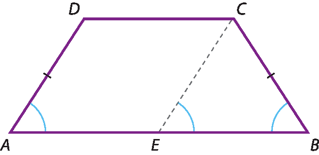 Ilustração. Trapézio ABCD com base maior AB, base menor CD, e dois lados não paralelos de mesma medida de comprimento. Reta tracejada de C até lado AB, no ponto E. Indicação de ângulo de mesmas medidas: BAD, ABC e BEC.