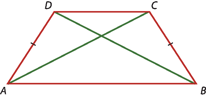 Ilustração. Trapézio ABCD com base maior AB, base menor CD e dois lados não paralelos com mesma medida de comprimento. As diagonais AC e BD estão destacadas.