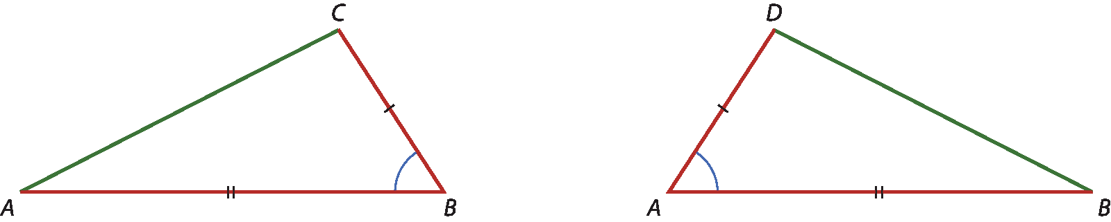 Ilustração. Triângulo ABC com destaques para o lado AC e para o ângulo B. Lado BC é destacado com um tracinho. Lado AB é destacado com dois tracinhos. Ilustração. Triângulo BAD com destaques para o lado BD e para o ângulo A. Lado AD é destacado com um tracinho. Lado AB é destacado com dois tracinhos.