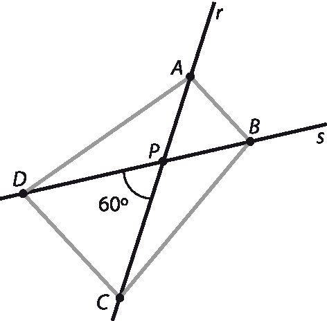 Ilustração. Trapézio ABCD em que: AB é a base menor e CD é a base maior. Uma reta r passa pela diagonal AC e uma reta s passa pela diagonal BD. As retas r e s se cruzam no ponto P. O ângulo CPD mede 60 graus.