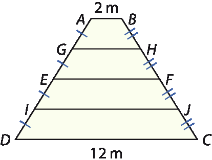 Ilustração. Trapézio ABCD, de base menor AB e base maior CD. O lado AD está dividido em 4 partes de mesmo comprimento: AG, GE, EI e ID. O lado BC está dividido em 4 partes de mesmo comprimento: BH, HF, FJ e JC. O segmento AB tem medida 2 metros. O segmento CD tem medida 12 metros.