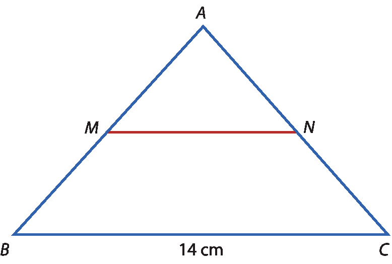 Ilustração. Triângulo ABC, em que M é ponto médio de AB e N é ponto médio AC. O segmento MN está destacado de vermelho. O segmento de reta BC mede 14 centímetros.