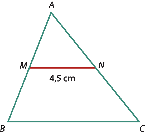 Ilustração. Triângulo ABC, em que M é ponto médio de AB e N é ponto médio AC. O segmento de reta MN mede 4,5 centímetros.