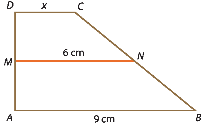 Ilustração. Trapézio ABCD, em que: AB é base maior, CD é base menor, M é ponto médio de AD e N é ponto médio de BC. O segmento de reta AB tem medida 9 centímetros. O segmento de reta MN tem medida 6 centímetros. O segmento de reta CD tem medida x centímetro.