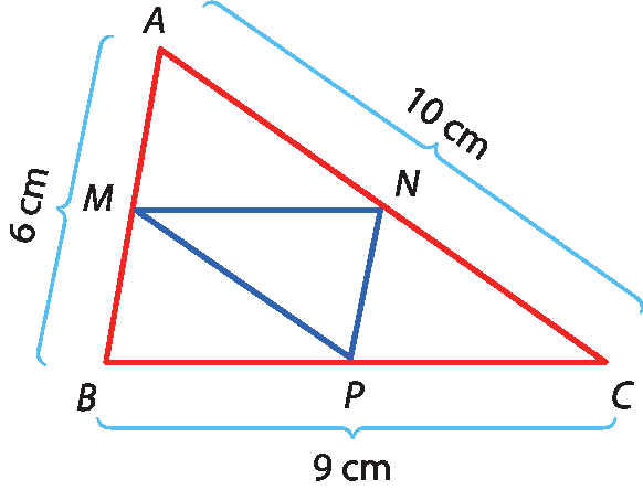 Ilustração. Triângulo ABC, em que M é ponto médio de AB, N é ponto médio de AC e P é ponto médio de BC. O triângulo MNP é destacado. O segmento AB tem medida 6 centímetros. O segmento AC tem medida 10 centímetros. O segmento BC tem medida 9 centímetros.